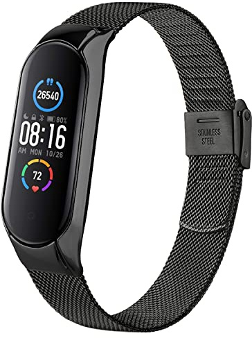 Mugust Armband für Xiaomi Mi Band 5/ Xiaomi Mi Band 6 Armband, Edelstahl Mesh Metall Ersatzarmband für Amazfit Band 5/ Xiaomi Mi Band 6 (Schwarz)