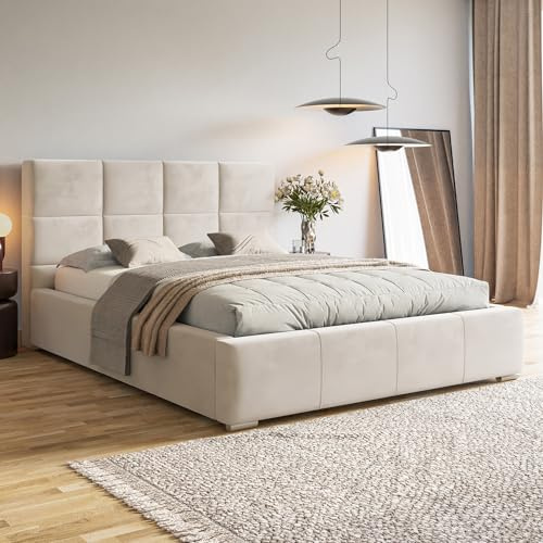 MOTIVENA Luna Bett 160x200 Beige Samt, mit Stauraum, mit Kopfteil, mit Lattenrost, mit Füßen, mit Matratze H2/H3, Polsterbett 160x200 mit Bettkasten Beige (Creme)