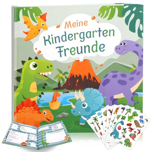 DPKOW Dino Freundebuch Kindergarten Junge, Geschenke zum Kindergartenstart, Meine Kindergartenfreunde Buch, Meine Freunde Gästebuch Album Junge mit Dinosaurier Aufkleber, zum ersten Schultag