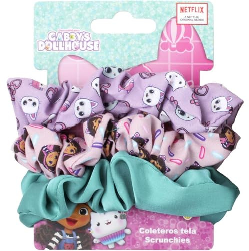 Gabby's Dollhouse 3 Piece Fabric Scrunchies for Girls | Elastic Scrunchies with Printed Designs and Pastel Colors Inspired by the Netflix Series