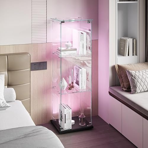 MGMYM Glasvitrine Standvitrine mit Tür und Schloss, 3 Lagen Sammlervitrine Vitrinenschrank, 1 Tür Glasvitrine Stehend Für Wohnzimmer Schlafzimmer Büro (Schwarz 1 Tür, 3 Lagen+Licht B)
