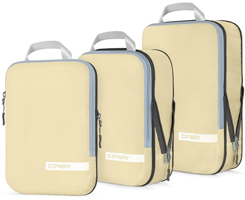 Cipway Kompressions Packwürfel Set für Reisen, Ultraleichter Erweiterbarer Verpackungsorganizer für Handgepäck Koffer (Vanilina Cream, 3 Stück)