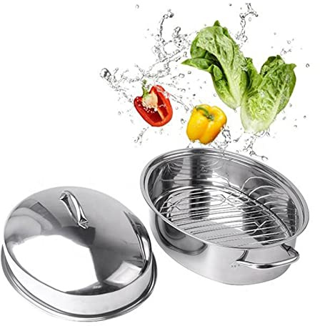 Pentola in ceramica, piccole pentole in rame, vaporiera for pesce in acciaio inossidabile, pentola ovale resistente for arrosti di pollame con griglia e coperchio, for cuocere a vapore