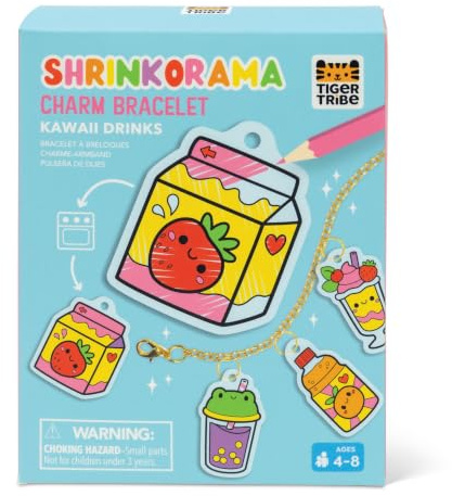 Tiger Tribe Skrinkorama Kawaii Drinks Charm Bracelet Kit, | Shrink Art Sheet & Bracelet Chain, Make Your Own Jewellery Set, Arts & Crafts Gift for Kids Age 4+