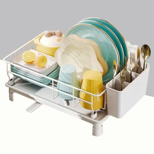 Carbon Steel Dish Drying Rack with Drainboard Kitchen Sink Space-Saving | Dish Drainer for Kitchen Counter Dish Organiser with Cutlery Holder for Plates Bowls & Cups, Large Capacity Dish Storage Rack