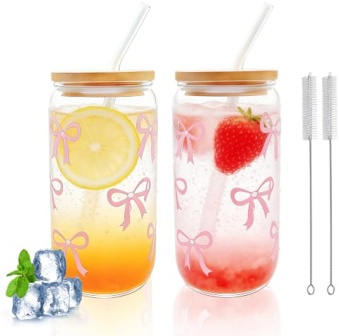 Zamety 2 Stück Gläser mit Deckel und Strohhalm, 500ml Schleifen Glas | Trinkglas mit Strohhalm und Deckel Glas, Matcha Gläser mit Straw Brush, Rosa Aesthetic Gläser für Getränke, Saft, Iced Coffee