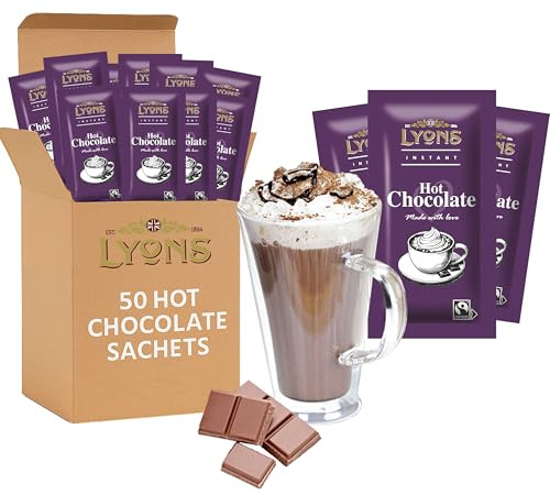 50pcs Lyons Hot Chocolate Sachets - Fair Trade Cocoa Powder instant hot chocolate Sachets Single Serve Individual Hot Drink Sachet for Hotels, Offices and Travel, Mothers Day Gifts