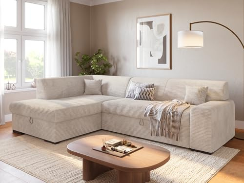 BROMARKT Ecksofa mit Bettkasten Schlaffunktion L 260cm Links Vanille | Wohnlandschaft mit Schlaffunktion und Bettkasten L-Form Schlafcouch Eckcouch Bettsofa 3 sitzer Cordstoff Sofa für Wohnzimmer