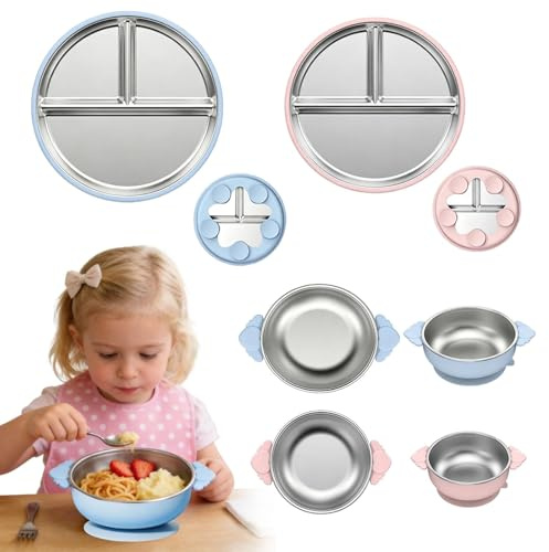 TFSZE Juego de vajilla para bebé, 2 platos de acero inoxidable con ventosa + 2 cuencos de acero inoxidable con ventosa, funda de silicona extraíble para niños, sin BPA, para vajilla de bebé