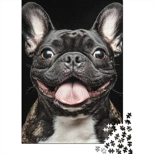Französische Bulldogge Porträt 1000 Teile Puzzle Papier für Erwachsene Schwarzer Hintergrund Entspannung Konzentration Familie Dekor Geschenk 70x50cm/1000pcs