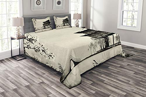 ABAKUHAUS japanisch Tagesdecke Set, Landschaft des Fernen Ostens, Set mit Kissenbezügen Waschbar, für Doppelbetten 264 x 220 cm, Schwarz Beige