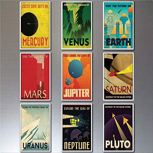 Space planets vintage retro sci fi artwork set of 9 science fiction flexible fridge magnets