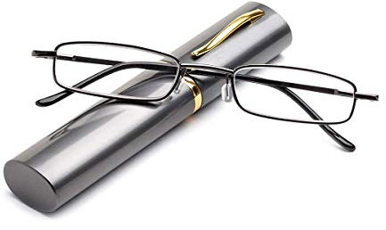 KoKoBin Metal frame Reading Glasses Portable Spring Hinge Reading Unisex reader with glasses case(Gray,+2.5