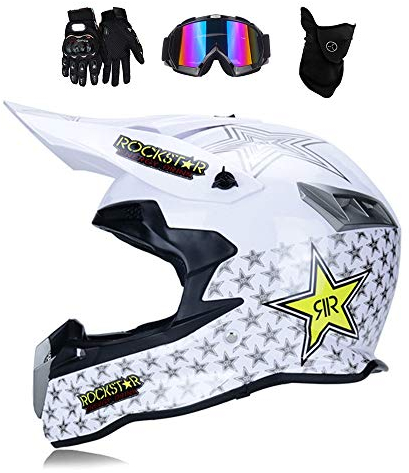 MRDEAR Motocross Helm Weiß/ Rockstar, Motorrad Off Road Crosshelm mit Brille Handschuhe Maske, Enduro MTB Helm Fullface Fahrrad Helm Cross Helm Motorradhelm für Downhill Bike ATV BMX,L