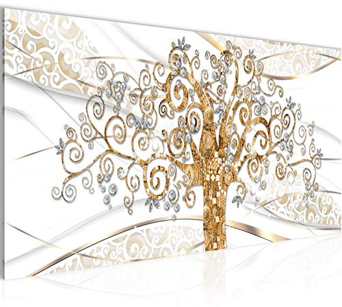 Runa Art Wandbild Klimt Baum des Lebens 1 Teilig 100 x 40 cm Modern Bild auf Vlies Leinwand Lebensbaum Wohnzimmer Schlafzimmer Gold Weiss 027512a