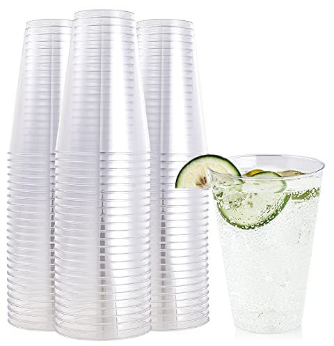 FOCUSLINE 100 Pack 14 oz Clear Plastic Cups, Disposable Cups Large Reusable Plastic Tumblers, Heavy-duty Clear Hard Plastic Cups 14 Ounce for Wedding Party, Thanksgiving, Halloween, Christmas