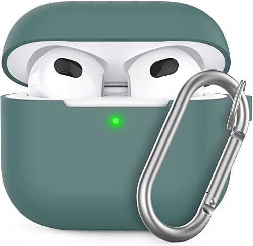 AHASTYLE AirPods 3 Hülle Silikon Schutzhülle und Case für AirPods 3 [Kabelloses Laden] [Front-LED Sichtbar] Kompatibel mit AirPods 3. Generation (Mit Karabiner, Kieferngrün)