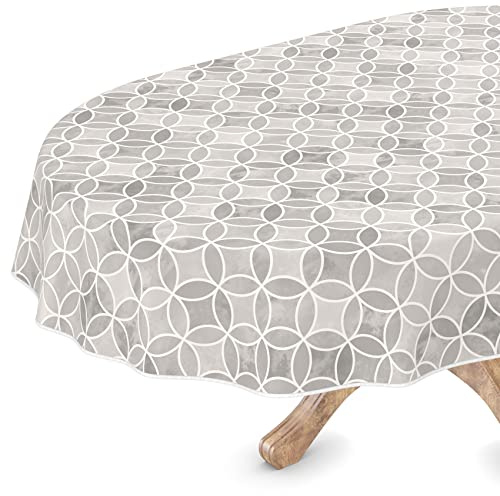 ANRO Tischdecke abwaschbar Wachstuch Wachstuchtischdecke Oval 140 x 320cm mit Saum Kaleidoskop Grau pflegeleicht Wachstischdecke wasserabweisend Gartentischdecke Meterware Lotuseffekt