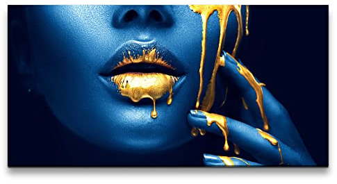 Paul Sinus Leinwandbild 120x60cm Schöne Frau volle Lippen fließendes Gold Kunstvoll Blau