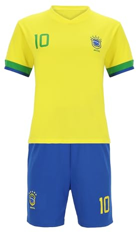 Blackshirt Company Unisex Kinder Brasilien Kinder Sport Trikot Set Fußball Wm Em Fan Zweiteiler Gelb Blau Sporttrikot Größe 152