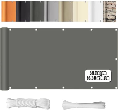 WEALSFUN Balkon Sichtschutz Balkonabdeckung (390Größen & 8 Farben) Balkonverkleidung Ohne Bohren blickdichte Wind UV-Schutz mit Ösen Kabelbinder Kordel,100X700CM Grau