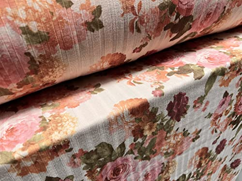 Gerippter Jersey-Stoff, Meterware, Rosen-Druck, Rosa und Blush