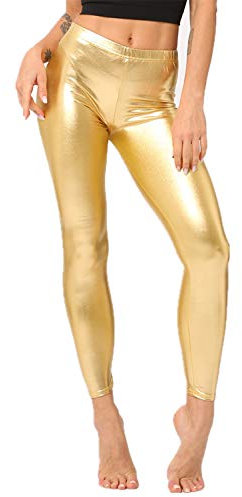 Fioeyr Ladies 80s Retro Metallic Shiny Wet Look Leggings Adult Disco Fancy Dress Costume Womens Outfit Pants Gold