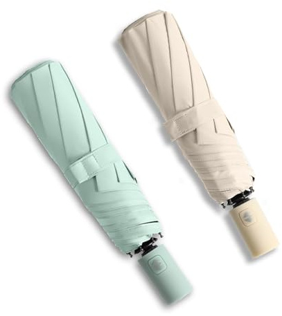 BAODINI Small UV Protection Travel Umbrella Compact for Rain and Sun UPF 50+ Windproof Portable 42 inch Umbrella for Women and Men Green & Beige