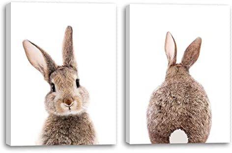 Mokihidream Kinderzimmer Wandkunst Hase Kaninchen Leinwanddruck Wanddekoration Wald Tier Poster Kinderzimmer Set mit 2 Stück Schlafzimmer Dekoration Gerahmte Wandkunst