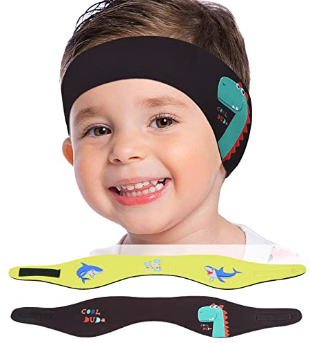 MoKo Schwimmen Stirnband, 2 Pack Neopren Schwimmband Ohrenband Wasserdichtes Kopfband Haarband mit Hohe Elastizität Ohrenschutz Band für Kinder Alter 3-9, M Größe - Schwarz Dinosaurier&Gelb Hai
