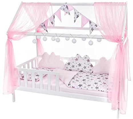 Baby Delux Kinderbett Juniorbett Komplett Set Hausbett 160x80 cm weiß Lattenrost inkl. Bettwäsche und Deko (Sternenmix rosa)