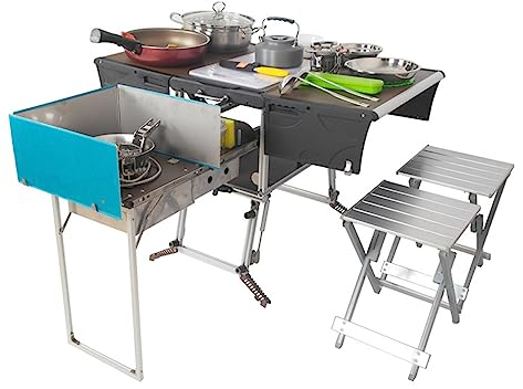 NOWLIN Table de Cuisson de Camping Portable Pliable sans Installation avec Roues avec Table de Cuisine de Rangement adaptée au Camping Pique-Nique
