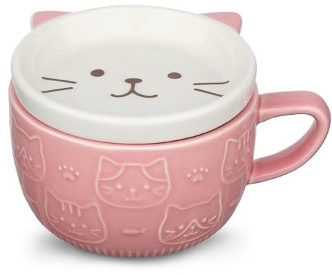 Cute Ceramic Cat Coffee Mug with Lid,Kawaii Coffee Mugs or Tea Cups for Cat Lovers,Funny Novelty Cat Breakfast Mugs for Women,Wife,Mum,Girls,Boys,Friends,Kids,Christmas,Birthday Gift,300ML(Pink)