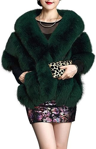 UMREN Damen Luxus Party Faux Fuchs Pelz Lange Schal Umhang Cape für Winter, A-dark green, Einheitsgröße