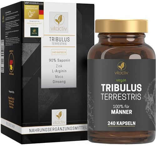 VITACTIV Tribulus Terrestris hochdosiert mit 90% Saponinen, 240 Kapseln | Maca und Ginseng als Extrakt statt Pulver, 1500 mg Pflanzenextrakt je Tagesportion, plus 400 mg L-Arginin