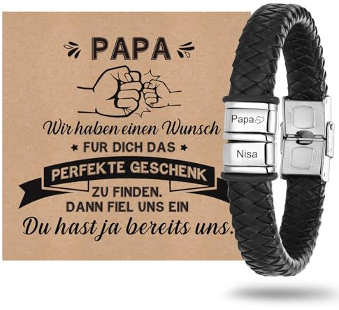 Vatertagsgeschenk Armband Herren mit Gravur Lederarmband Papa - Armband mit Name Personalisiert Armbänder für Herren Männer Schmuck Herren Ideales Papa Geschenk für Vater DAD Geburtstag Hochzeitstag