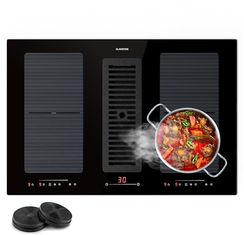 Klarstein 2 en 1 Plaque de Cuisson Induction avec une Hotte Aspirante pour Ilots, Table de Cuisson à 4 Anneaux avec Flex Zone, Commande Tactile, Hotte Aspirante 391m³/h, Classe Energétique A+