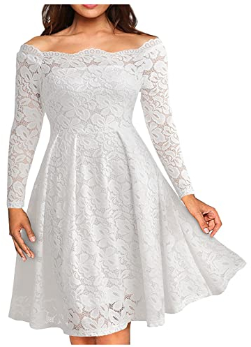 RMBLYfeiye Sexy Kleid Damen Sexy Kleid Damen Erotisch Zumba Kleidung Damen Schulterfrei Spitze Ärmel Stickerei Abendkleider Elegant Spitzenkleid A Linien Tunika Kleid Winterkleid (Weiß, 3XL)