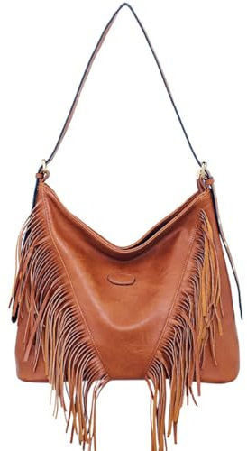 Teanea Hobo-Tasche aus PU-Leder mit Fransen, große Nieten, Handtasche, Crossbody-Tasche für Damen, D-braun, Einheitsgröße