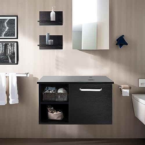 ZealWe Badmöbel Waschtischunterschrank Badezimmerschrank, Unterschrank 71cm mit Spiegel & 2X Wandregal Schweberegale, Badezimmermöbel Aufbewahrungsschrank für Badezimmer Gäste WC, Schwarz