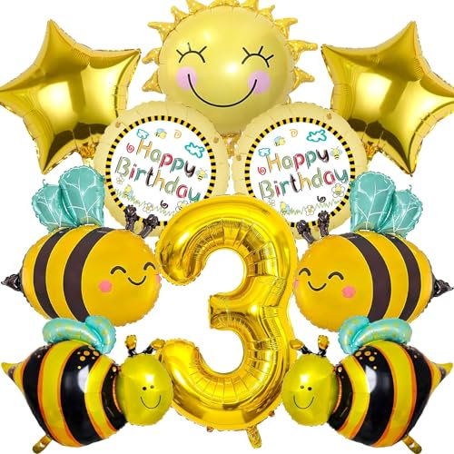 Ctxtqtdt 10 Stück Biene Geburtstagsdeko 3 Jahre Junge Mädchen, Biene Luftballons Set, Party Deko Ballons, Folienballon Deko, Kinder Luftballons Deko, Geburtstag Deko Party Luftballons (3)