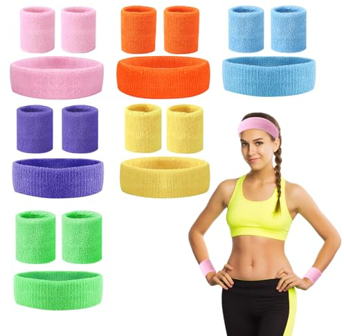 GSrenyu 18Pcs Sports Headband and Wristbands Set,80s Neon Sweat Bands Absorbent Sweatbands Cotton Head Band Wrist Bands Set for Gym Football Soccer Tennis Basketball