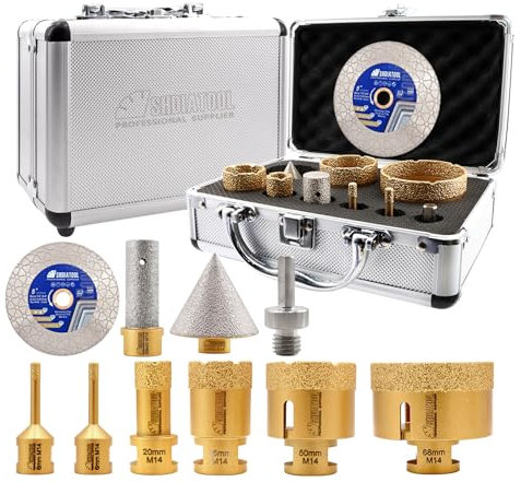 SHDIATOOL Diamant Bohrrone Fliesenbohrer M14 Gewinde 6/6/20/35/50/68/50mm Diamant Fasenbohrer/20mm Fingerbohrer/Dreikantschaft Adapter/125MM Trennscheibe für Porzellan Fliesen Keramik Granit Marmor