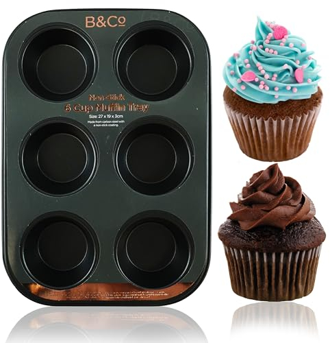HOVUK Large Muffin Tray 6 Cup Non Stick Carbon Steel Muffin Pan Cupcake Baking Tin Grey Bakeware Oven Tray for Cupcakes Muffins Cakes Tarts Brownies Pastries Desserts