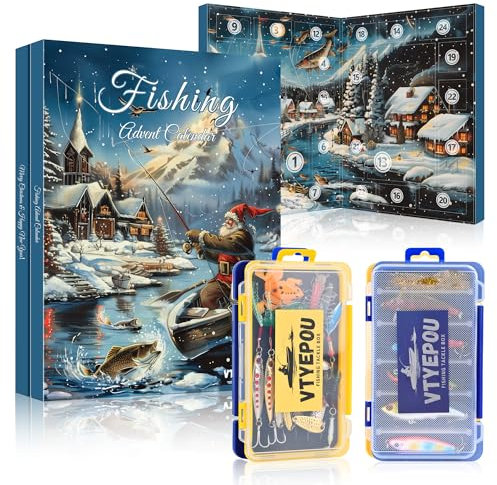 VTYEPOU Angel Adventskalender für Männer Weihnachtskalender - Angeln Adventskalender Köder Set mit Köderbox für Fischer Erwachsene Teenager Jungen - 2024 Weihnachten Überraschung Geschenk