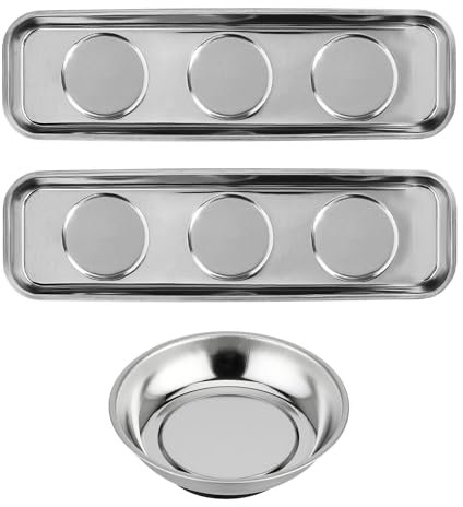 HAPPOW Juego de 3 bandejas magnéticas para taller, 226 x 65 x 28 mm, bandeja magnética rectangular, bandeja magnética redonda de 3 pulgadas, soporte magnético de acero inoxidable para herramientas y