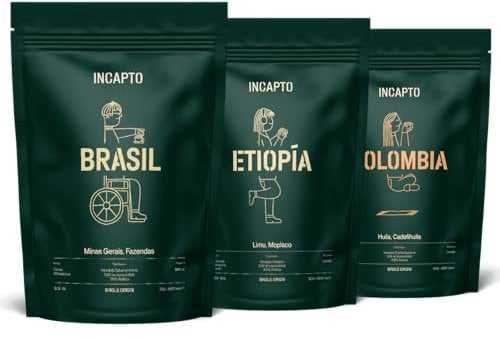Incapto Pack de Cafés Best Sellers | Café en Grano Natural de Especialidad | Orígenes - Colombia, Brasil y Etiopía | Specialty Coffee +80 puntos SCA | 3 paquetes de 500g