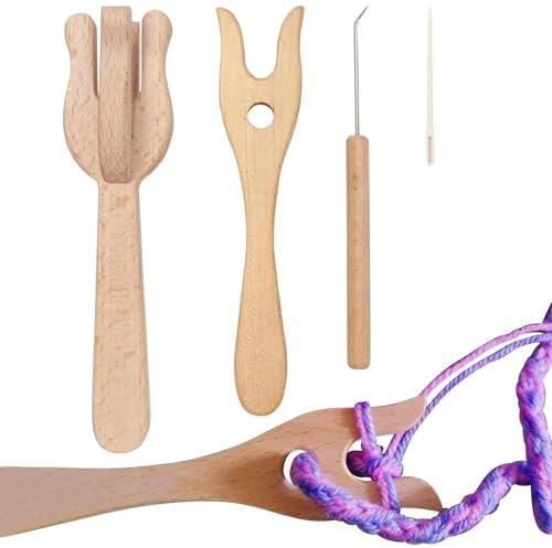 Knitting Fork, 4-Piece Lucet Fork Crochet Set, Portable Knitting Fork Set with Large Eye Needle, Adjustable and Lucet Fork Crochet Set for Carpet Making