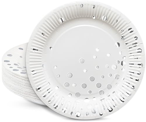 HNH 18 cm Piatti di carta Bianco con lamina d'argento 50 Pezzi Piatti da dessert usa e getta Piatti monouso per feste