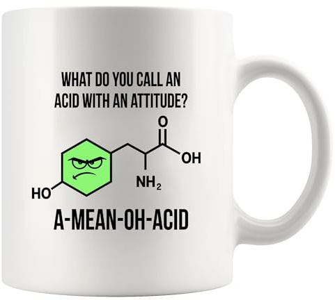 What Do You Call An Acid With Attitude? A-Mean-Oh-Acid Science Gifts - End of Year Chemistry Teacher Ceramic Mugs for Students Coffee Appreciation Gifts, 11 oz, White